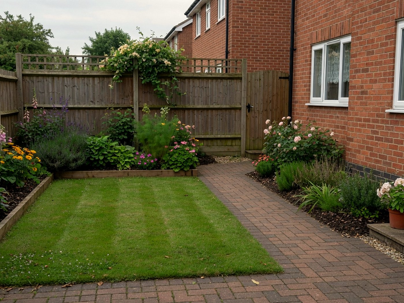 British back garden with brick paving, lawn and planted borders